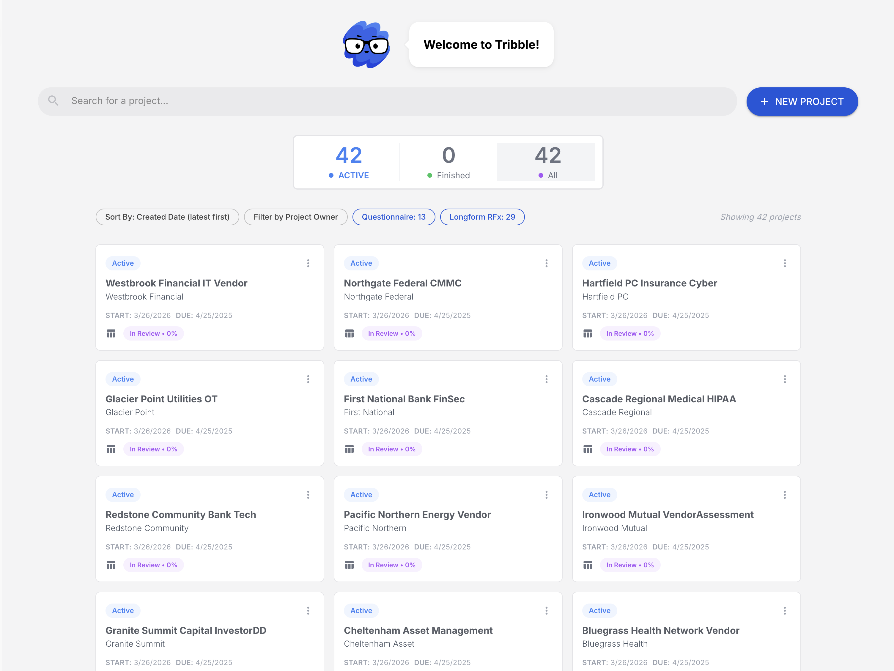 Tribble project dashboard showing FINS-themed projects with the Tribble assistant centered above the workspace